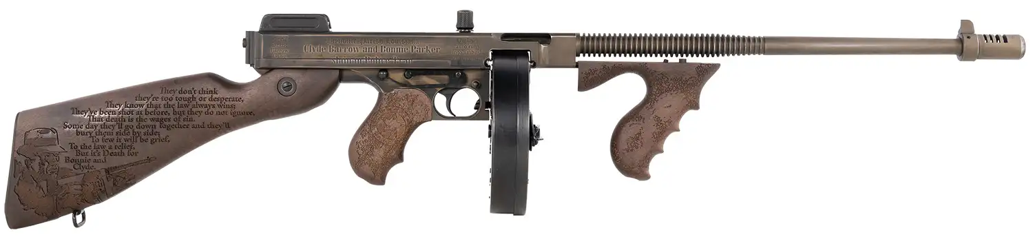 THOMPS BONNIE & CLYDE 1927A-1 DELUXE 45ACP RFL ENGRAVED WALNUT 20RD STICK/50RD DRUM