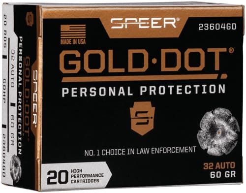 SPEER GOLD DOT 32 ACP 60GR – GDHP 20RD 10BX/CS