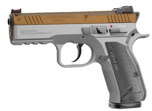 CZ SHADOW 2 COMPACT OR 9MM FS – 4″ 15RD GOLD SILVER GRIPS