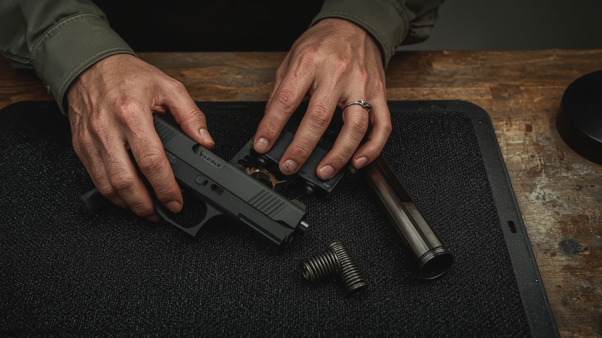 Hands field stripping semi-automatic pistol components on rubber cleaning mat