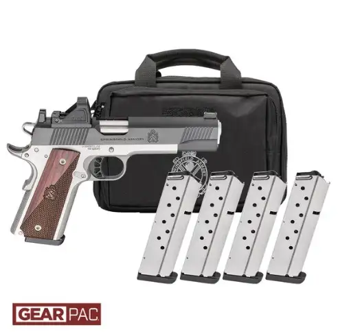 SPRINGFIELD ARMORY RONIN 1911 5″ BL/STS 9MM PSTL AOS U NOTCH F.O VIRIDIAN RFX11,BAG, 4 MAGS