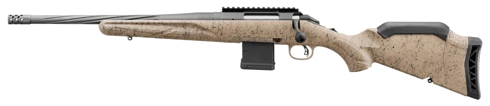 RUGER AMERICAN G2 RANCH LEFT HANDED RFL 5.56 16.1″ FDE SPLATTER 10RD