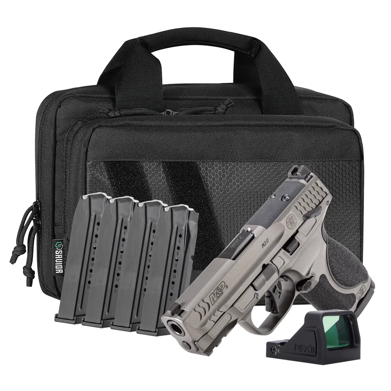 SMITH & WESSON M&P9 METAL M2.0 9MM PISTOL 3.6″ T.S. O.R. VIRIDIAN RFX11, SAVIOR BAG, 5-15RD MAGS
