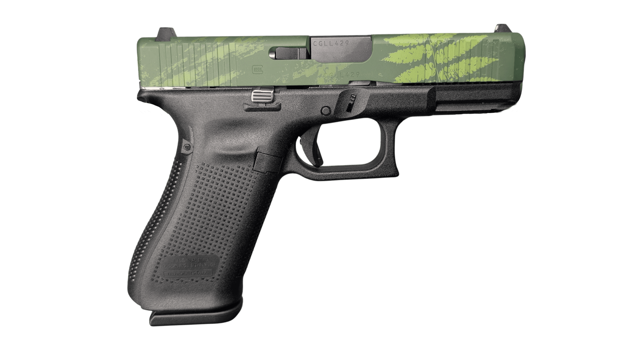 GLOCK 45 V ISLAND CAMO 9MM PISTOL 4″ BLACK-BLK/GRN SLIDE FXD 3-17RD MAGS
