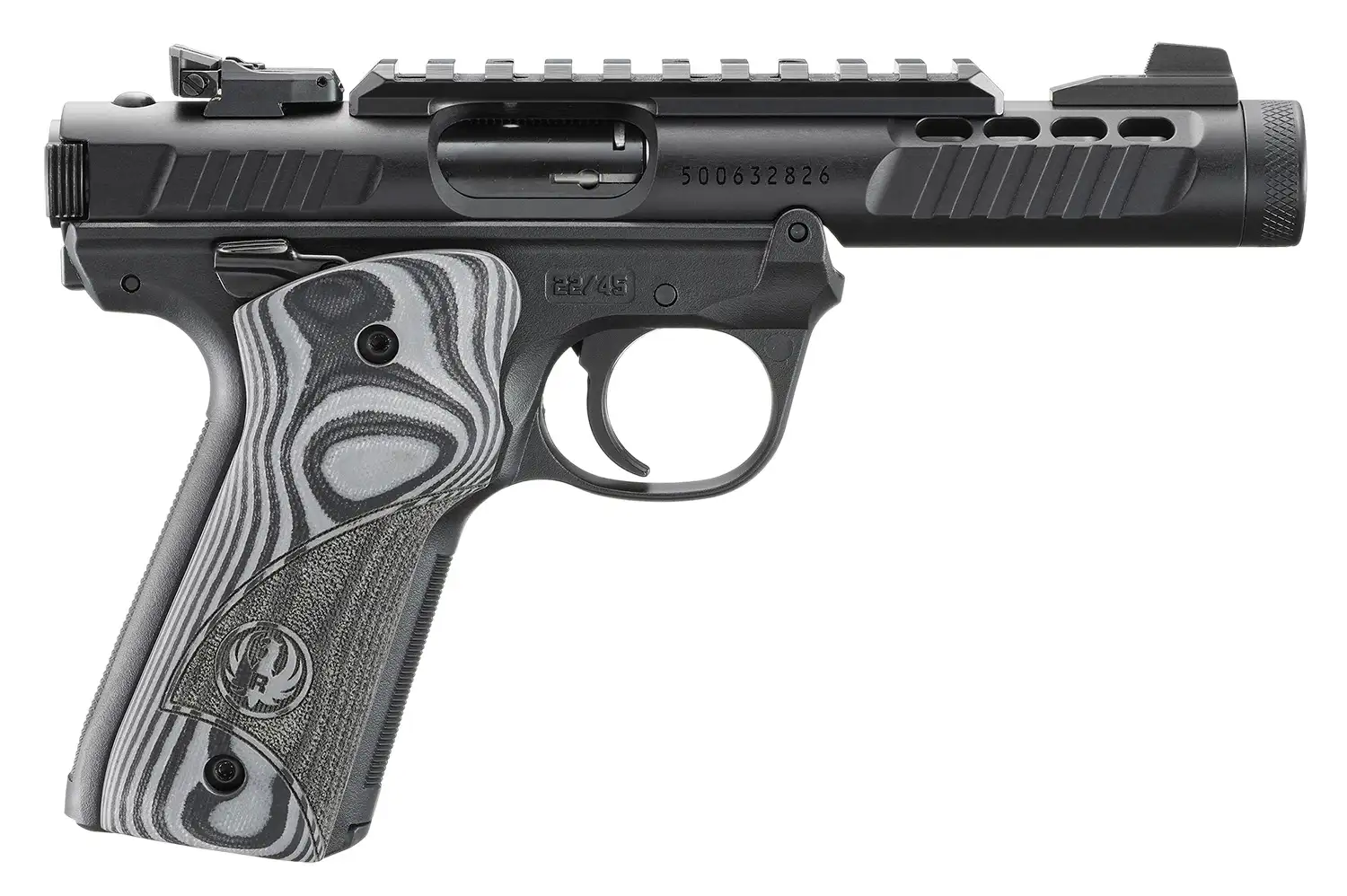 RUGER MRK IV 22/45 LITE 22LR 4.4″ BARREL, BLACK ANODIZED, OVERSIZD HOGUE GRIP PLATES 2-10RD MAGS