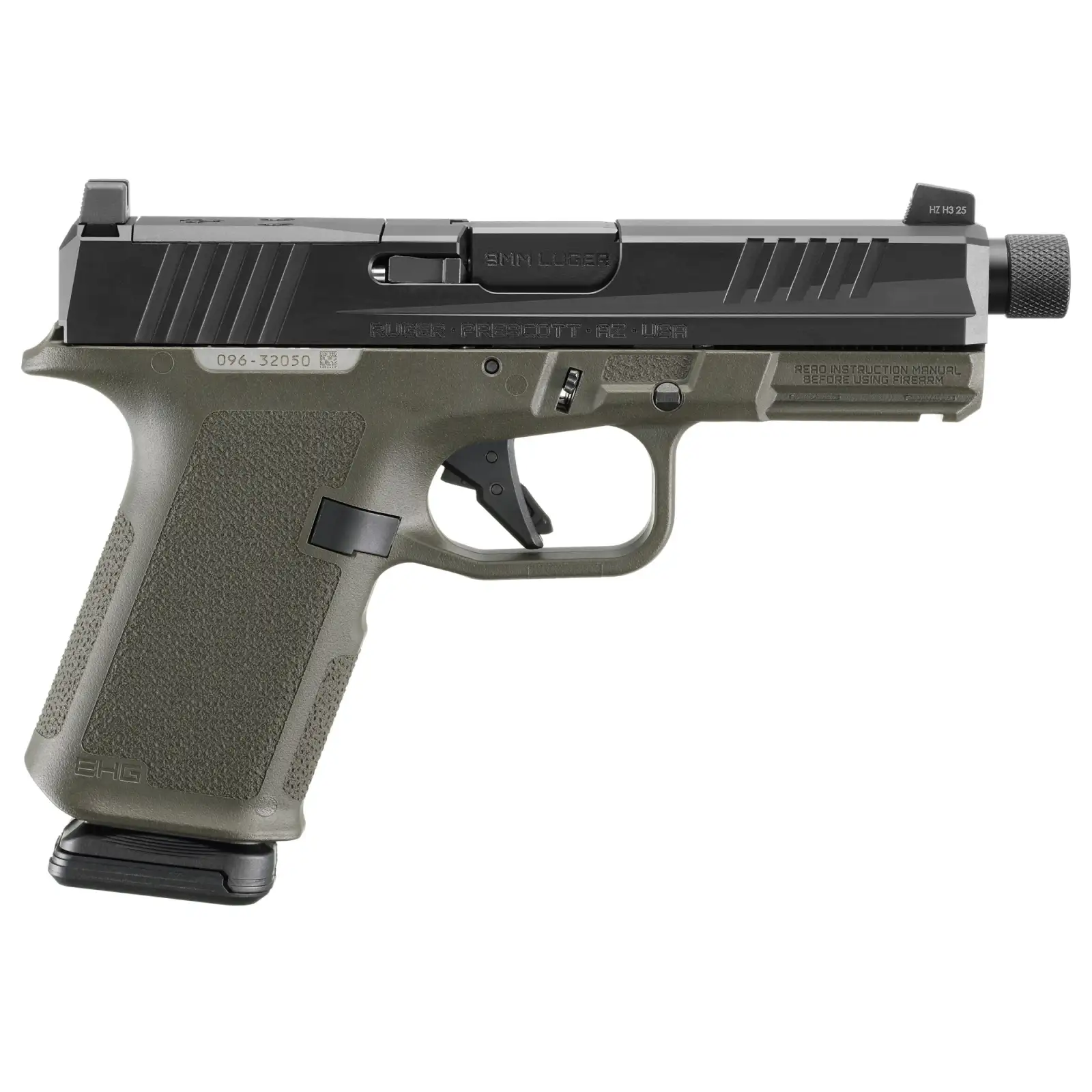 RUGER RXM THREADED 9MM PISTOL 4.5″ BBL OD GREEN MAGPUL EHG, O.R. 2-15RD MAGS