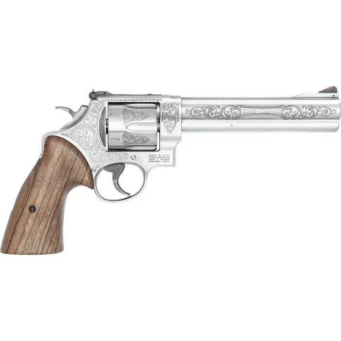 SMITH & WESSON 629 ENGRAVED STAINLESS 44MAG 6.5″ WALNUT GRIPS, ADJU REAR, 6RD