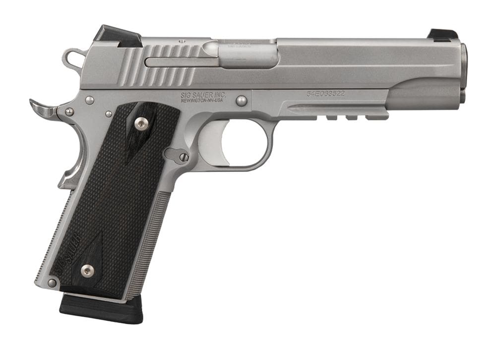SIG SAUER 1911 45ACP 5″ STAINLESS FINISH, BLK GRIP, 2-8RD CA COMPLIANT