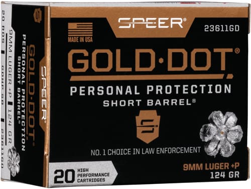 SPEER GOLD DOT SHORT BBL 9MM – LUGER +P 124GR GDHP 20RD 10B/C