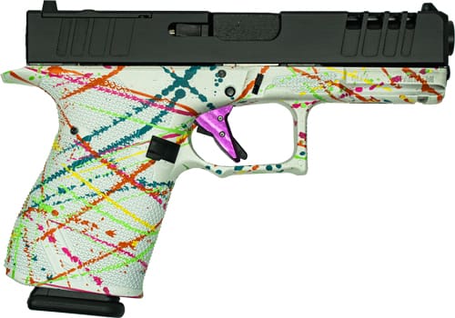 GLFA 19 STRIKER 9MM 4″ 15 SHOT – BLK SLIDE SPLATTER WHITE FRAME
