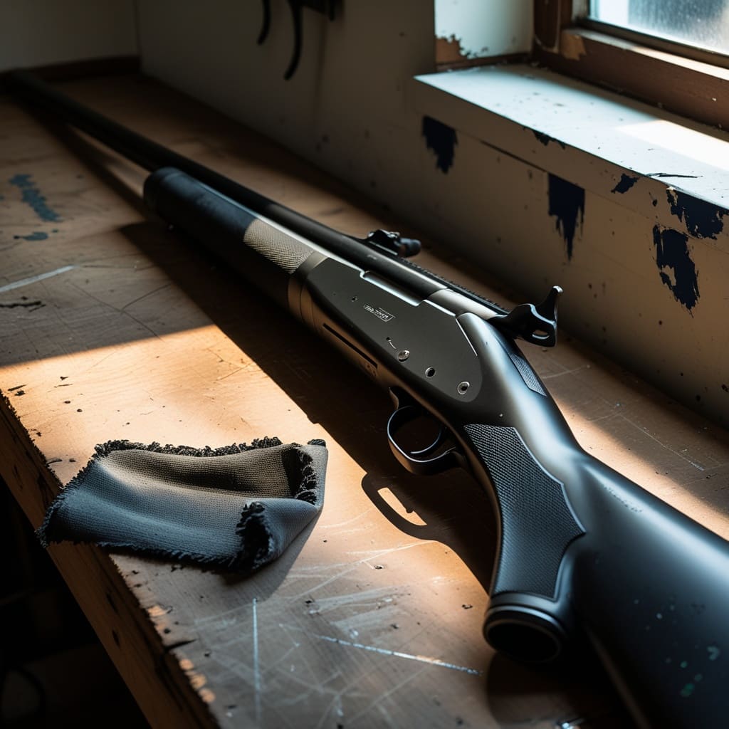 Close-up of a shotgun barrel and receiver on a workbench during inspection..