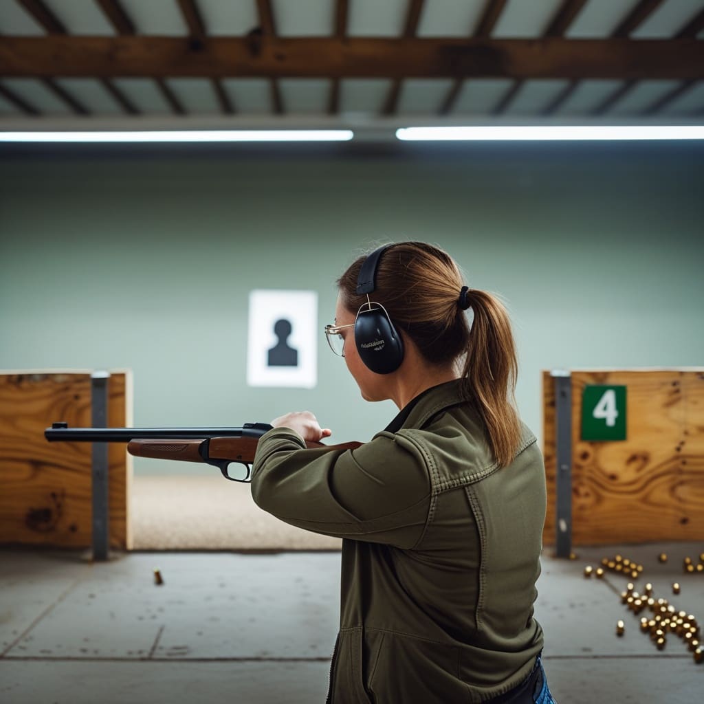 A person at an indoor shooting range practicing with a shotgun, viewed from behind..