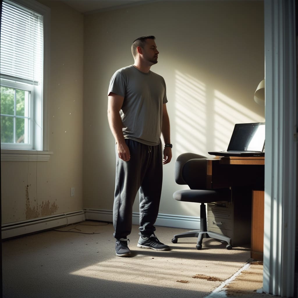 A homeowner practicing dry-fire drills in a home office, illustrating the training factor that affects round count needs..