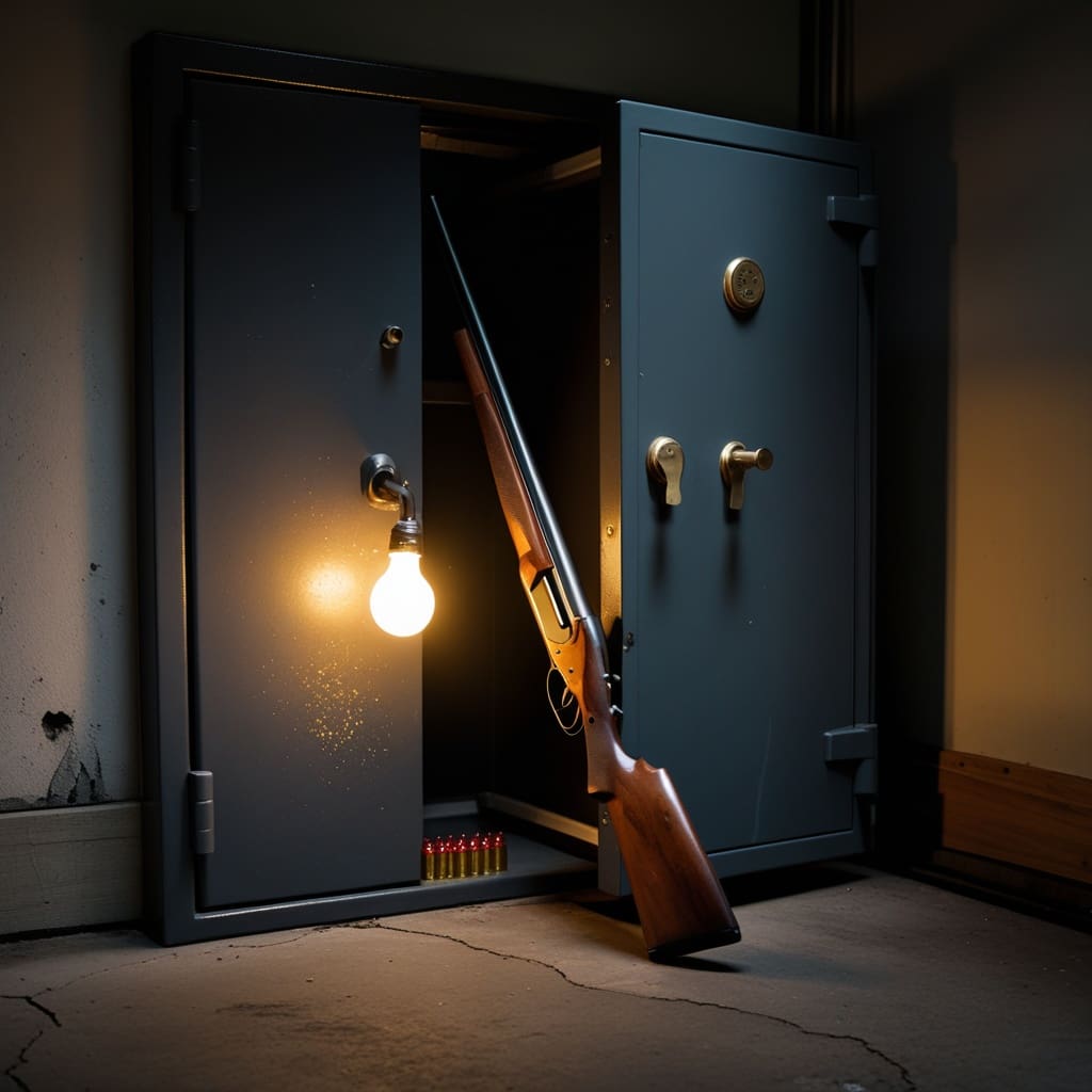A shotgun loaded with buckshot shells resting on a gun safe shelf, representing the home defense loadout planning process..