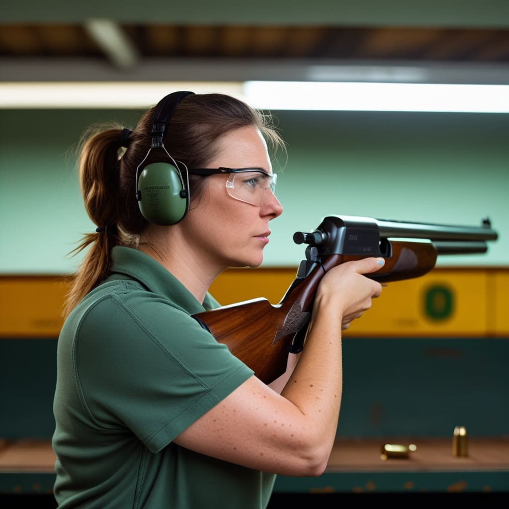A person practicing shouldering a shotgun at an indoor range to illustrate recoil management training..