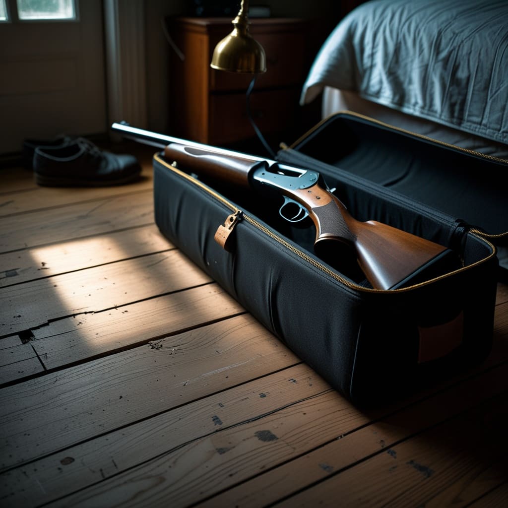 A shotgun stored securely with a trigger lock next to a nightstand, representing responsible home defense storage..