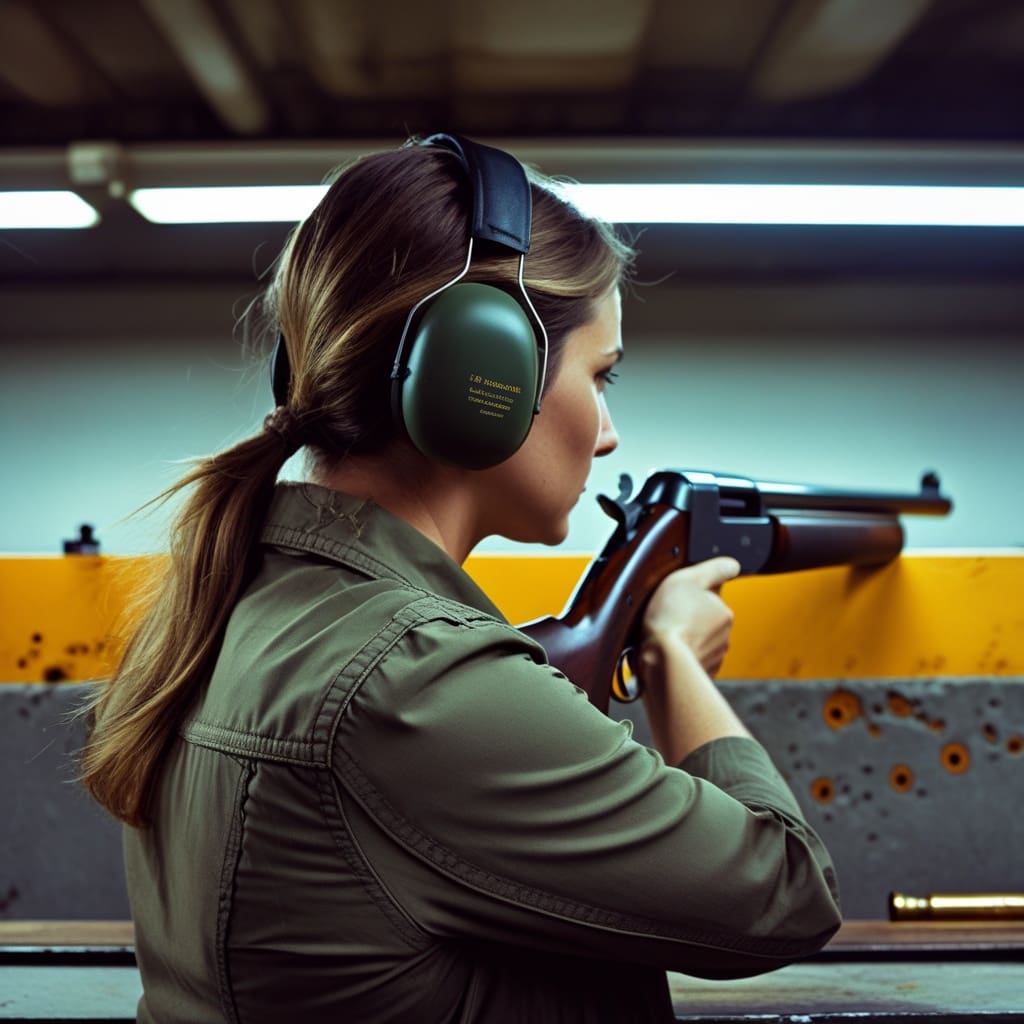A person at an indoor shooting range practicing with a defensive shotgun..