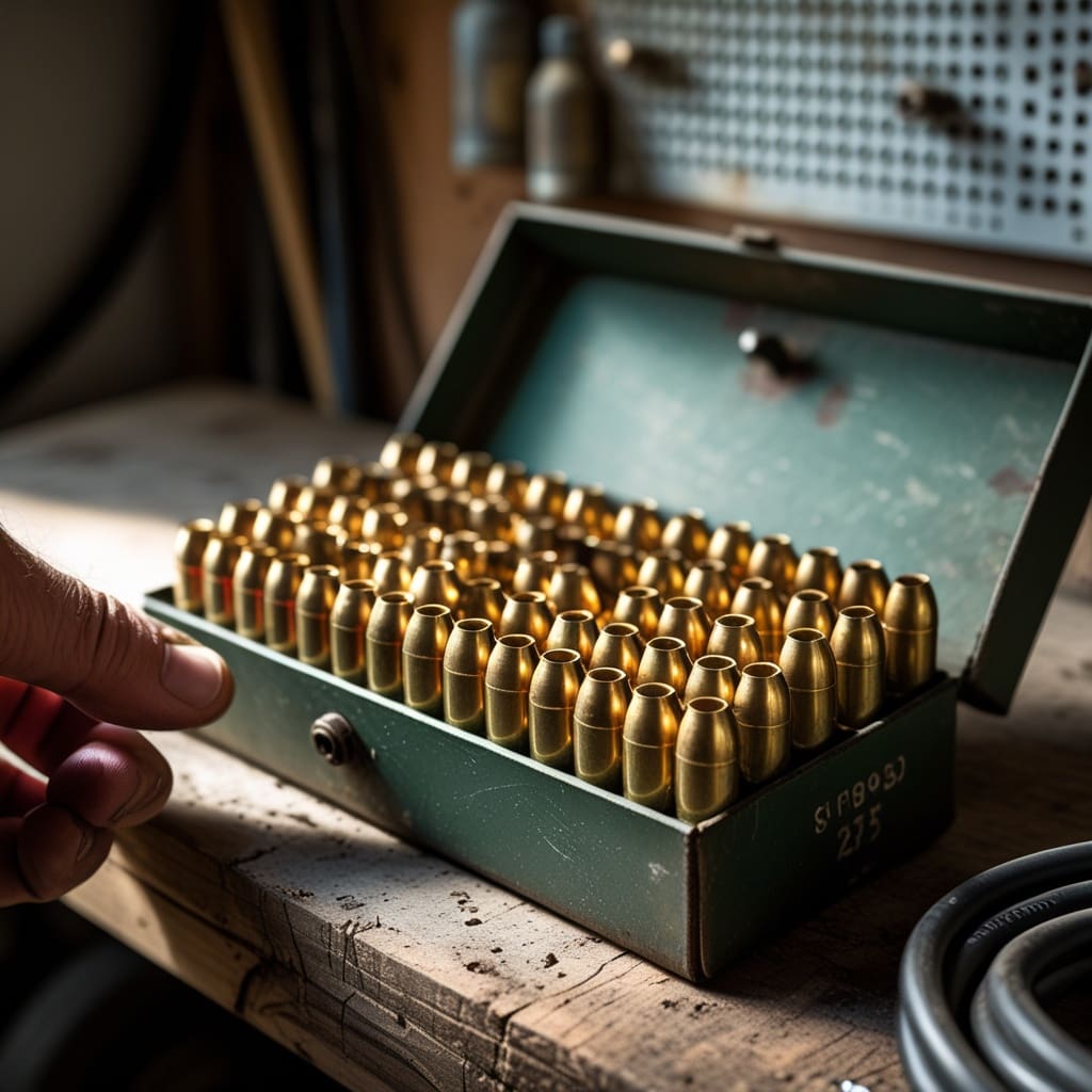 Close-up of a hand-loaded shotgun shell box on a workbench, illustrating shot size comparison..