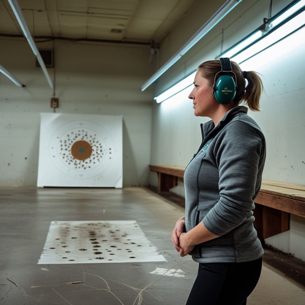 A person at an indoor shooting range patterning a shotgun on paper target.