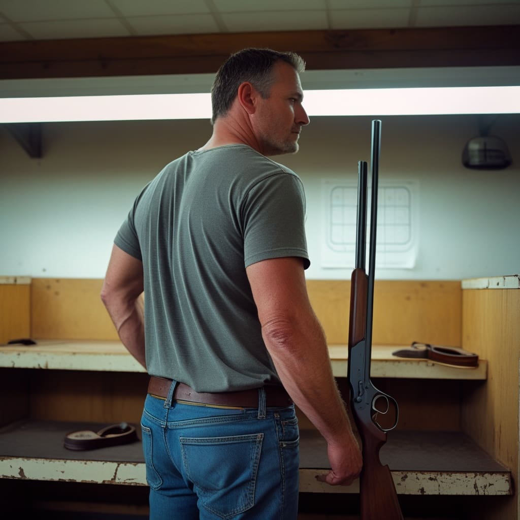 A person practicing at an indoor gun range with a pump-action shotgun, demonstrating proper stance and grip..