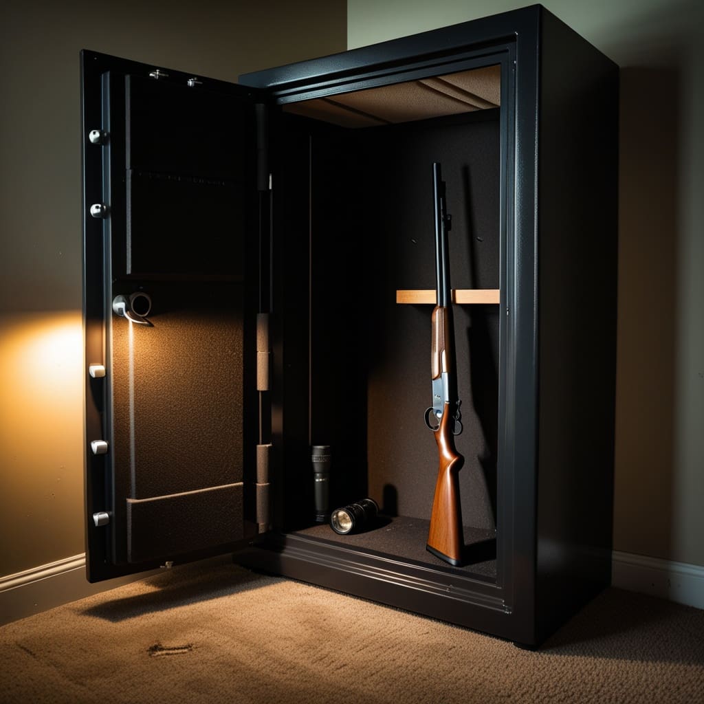 A shotgun stored safely in a home gun safe next to a flashlight, representing responsible home defense storage.