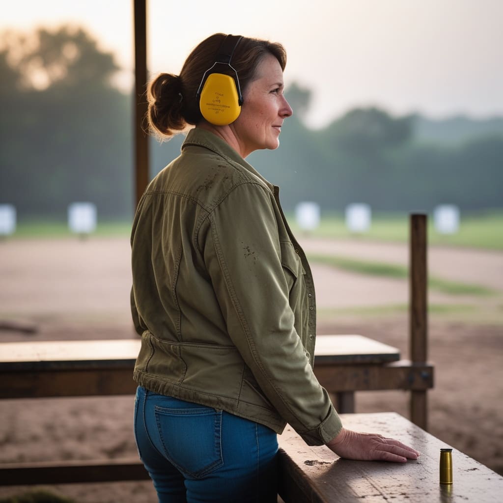 A person practicing at an outdoor gun range with hearing protection..