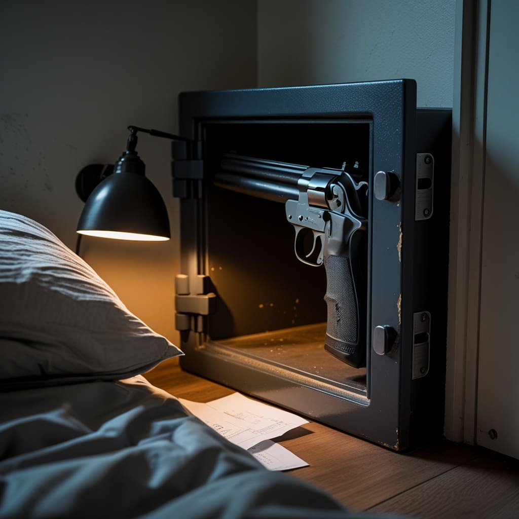 A pump-action shotgun stored securely in a quick-access safe next to a bed..
