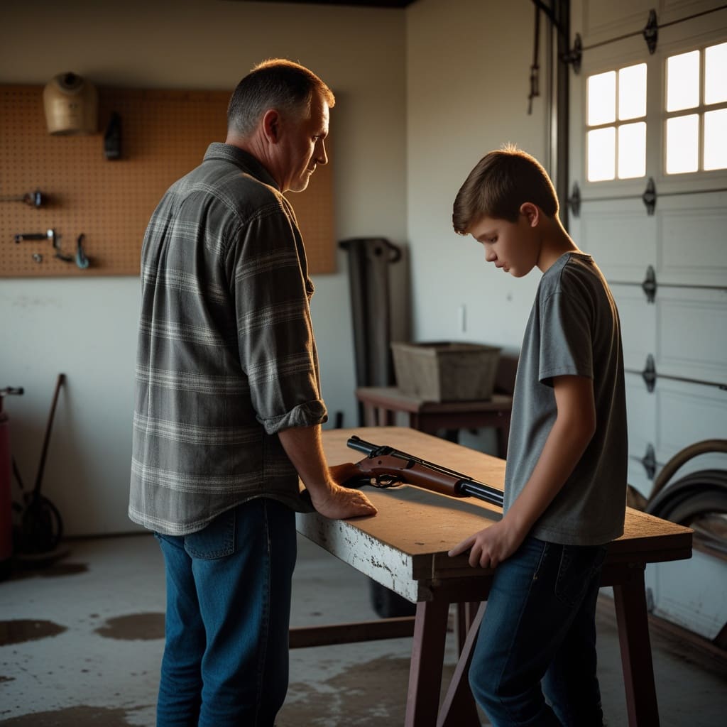 A father showing his teenage son how to safely handle an unloaded shotgun in a home setting..