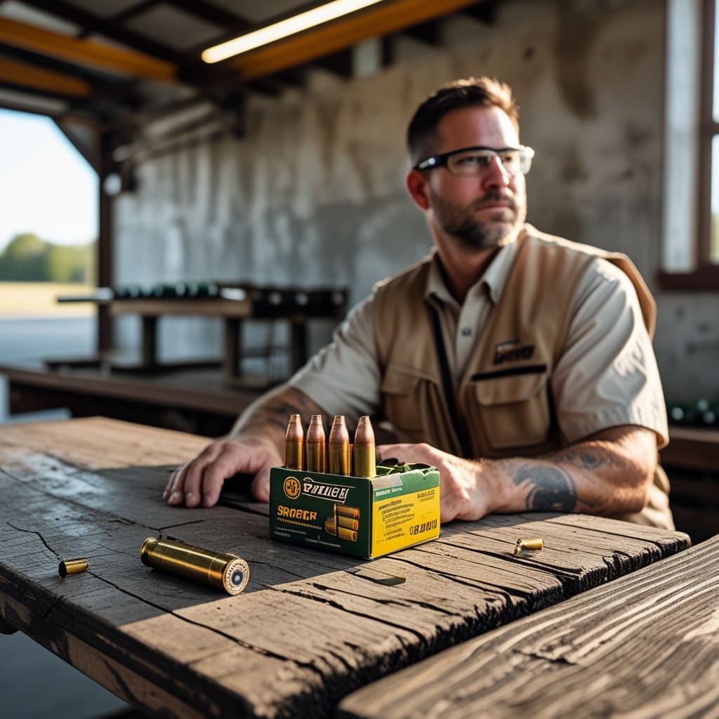 Close-up of shotgun shells and a pump-action shotgun barrel on a range table.