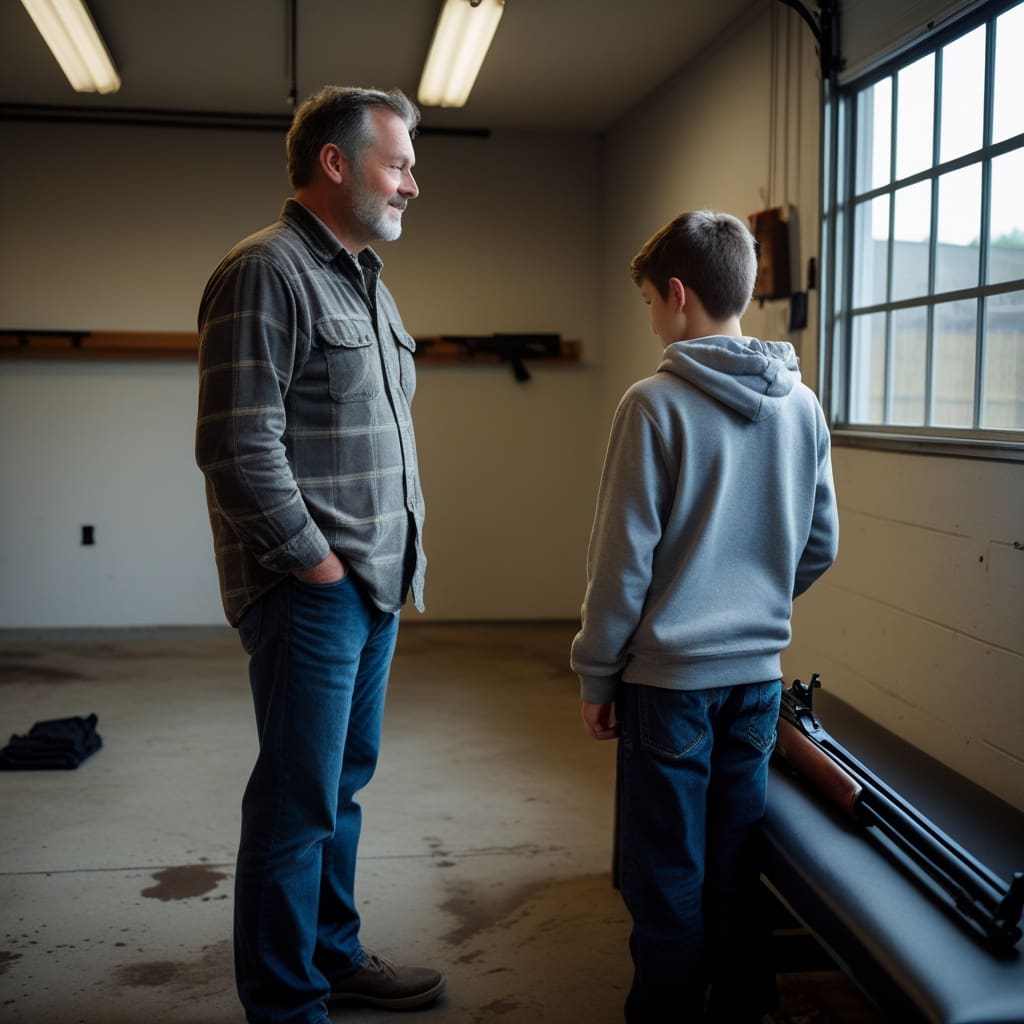 A father and teenage child practicing dry-fire safety checks together at home..