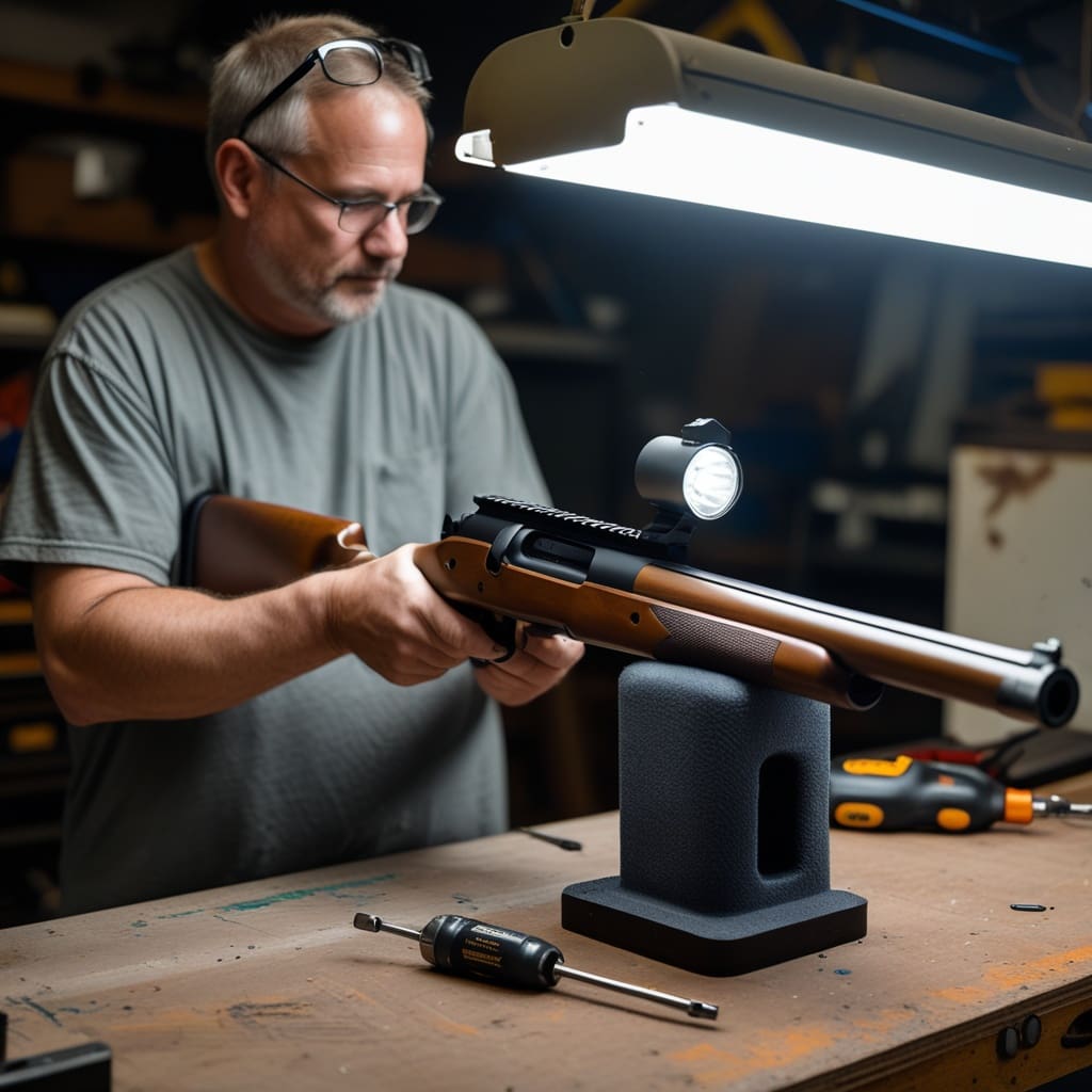 Person's hands-free view of a shotgun secured in a padded gun vise during light installation.