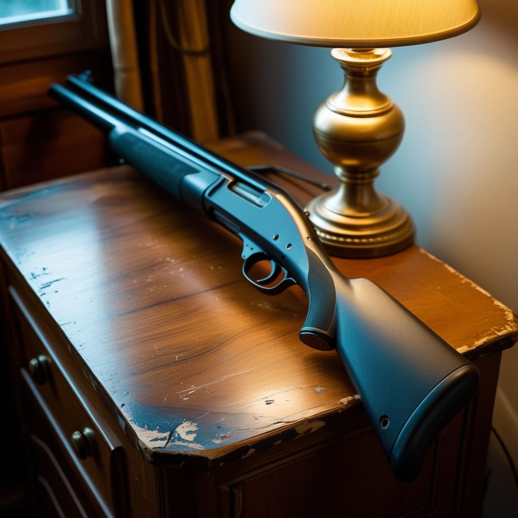 A close-up of a pump-action shotgun resting on a nightstand beside a lamp, representing lawful home defense storage.