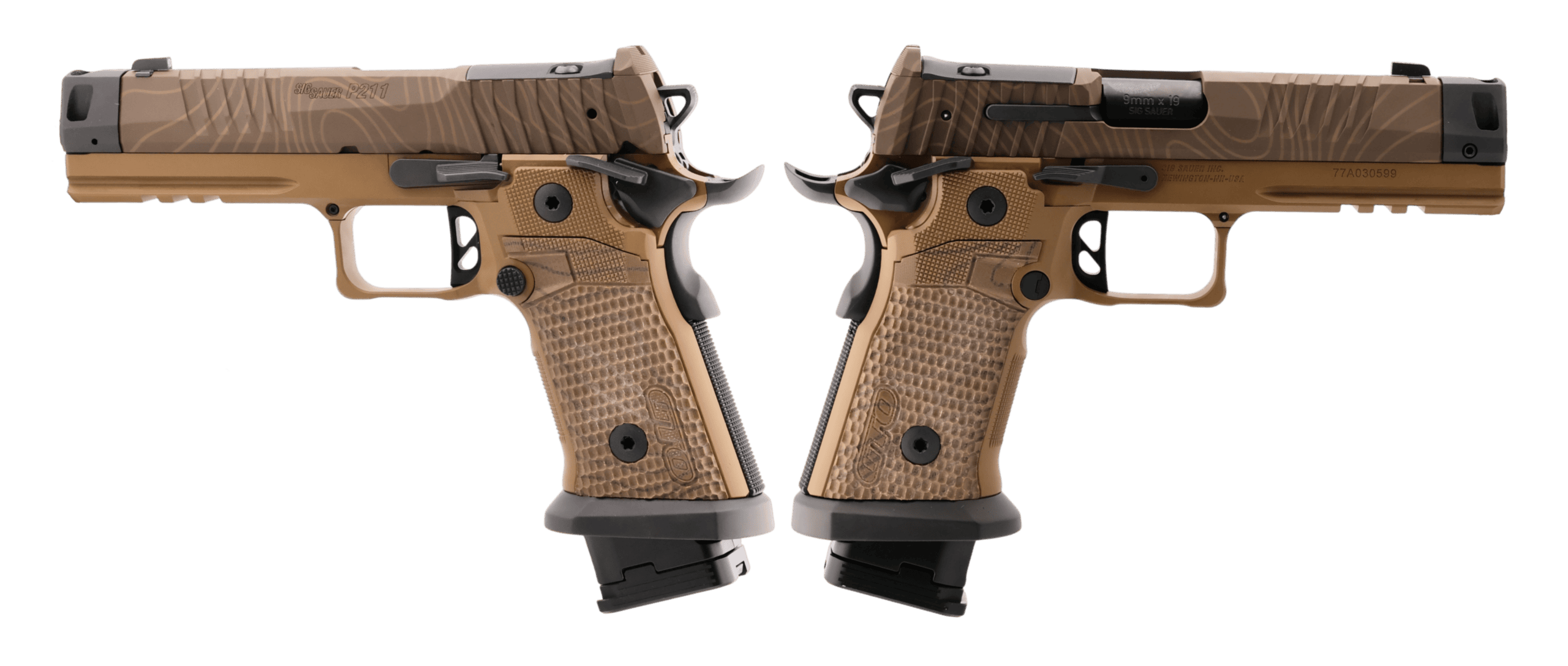 SIG SAUER P211 COMBAT COYOTE TOPO 9MM PISTOL 4.4″ MACH3D COMP, G10 GRIP, 1-23RD 2-21RD MAGS
