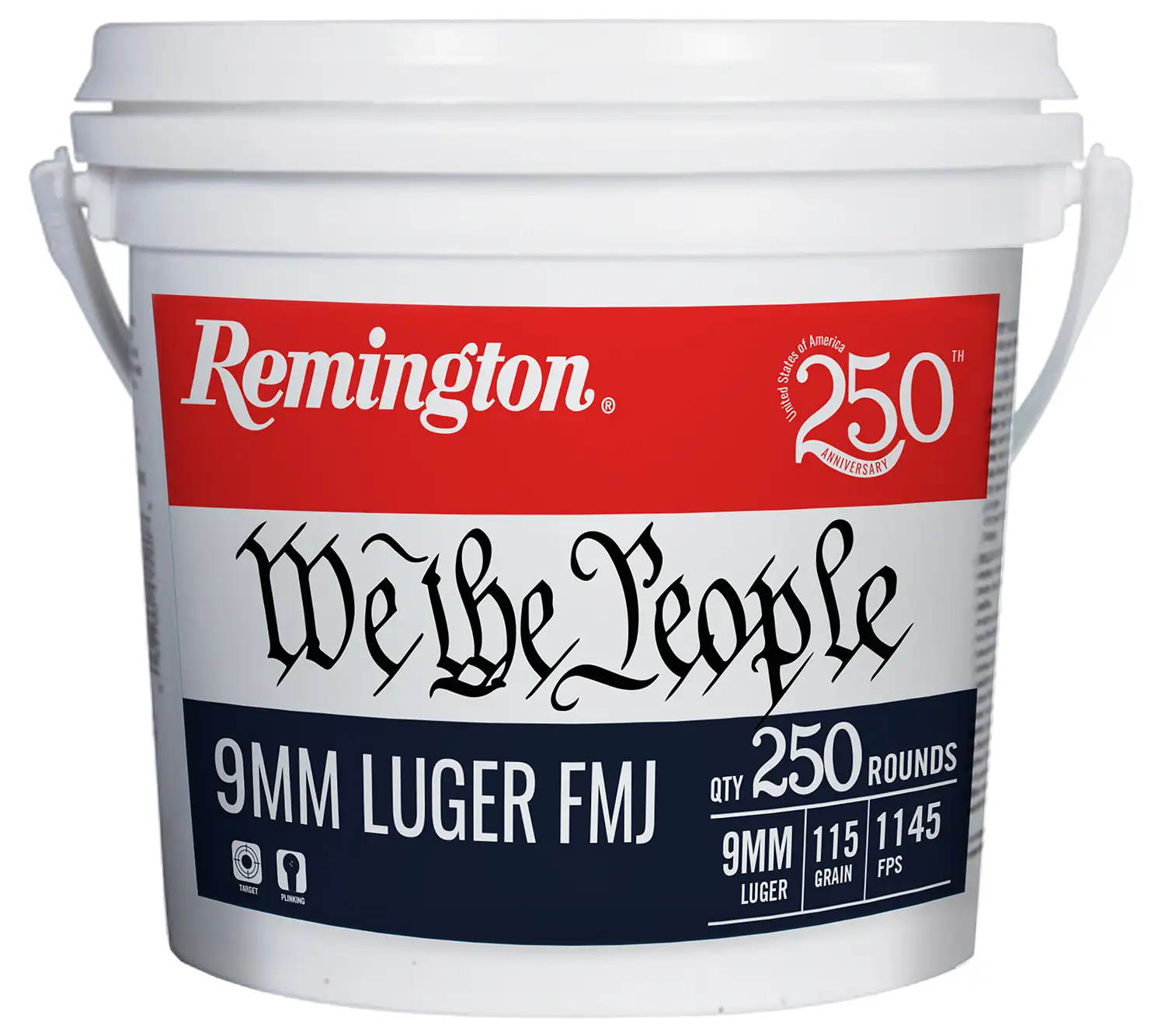 REMINGTON 9MM LUGER 115GR FMJ 250 RND WE THE PEOPLE BUCKET 250TH 250RD/BX 4BX/CS